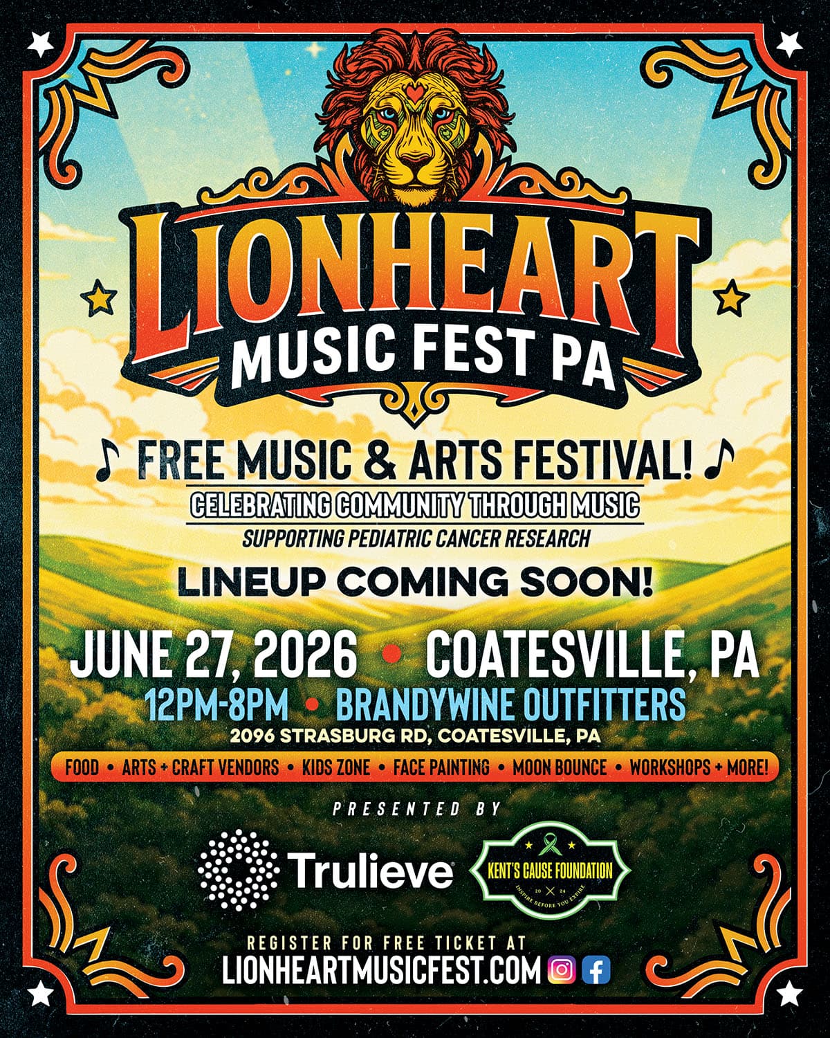 Lion Heart Music Fest PA flyer — June 27, 2026 in Coatesville, PA